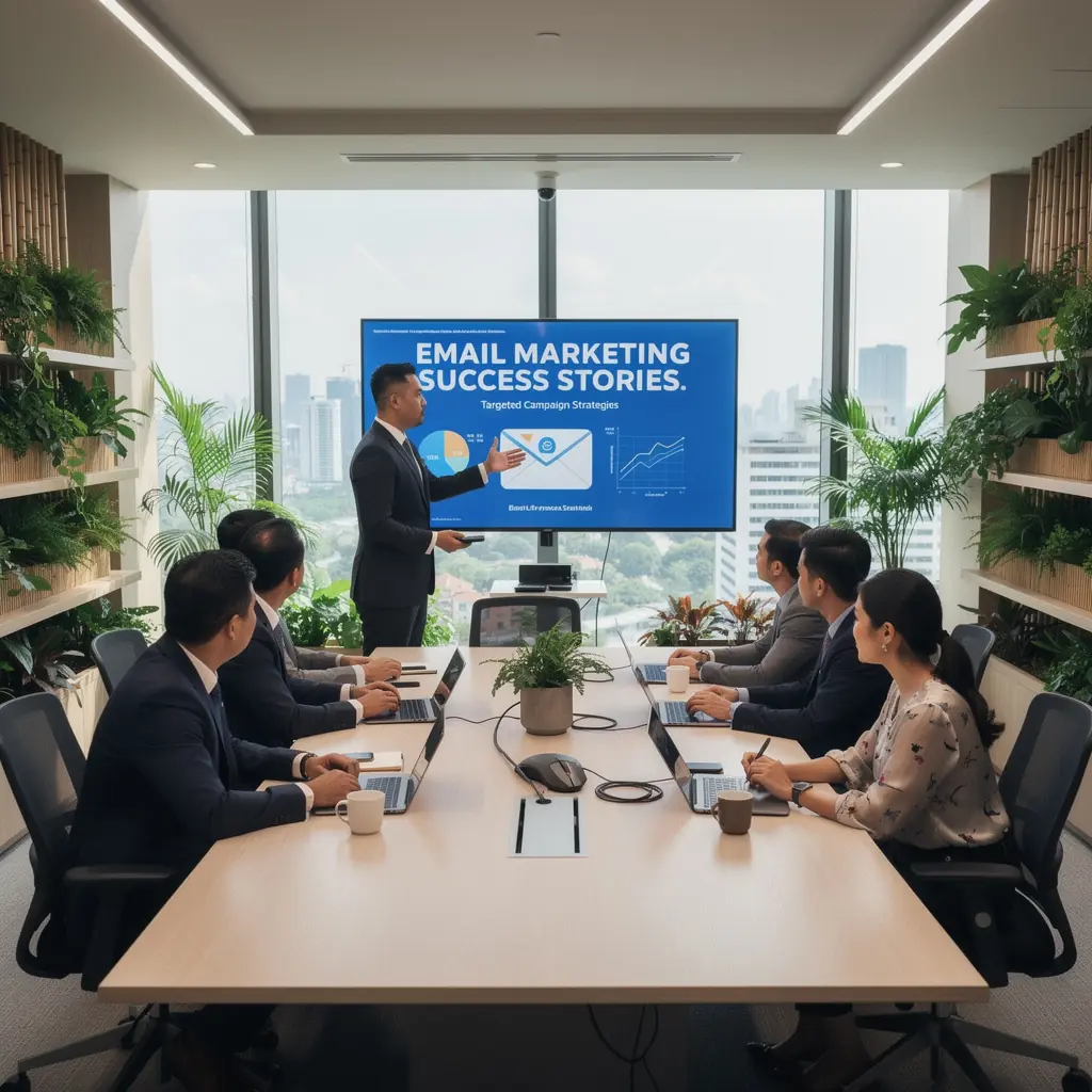An image of a diverse team collaborating on email marketing strategies around a conference table.