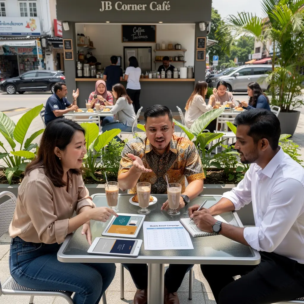 A diverse group of marketers reviewing a successful email campaign strategy together.